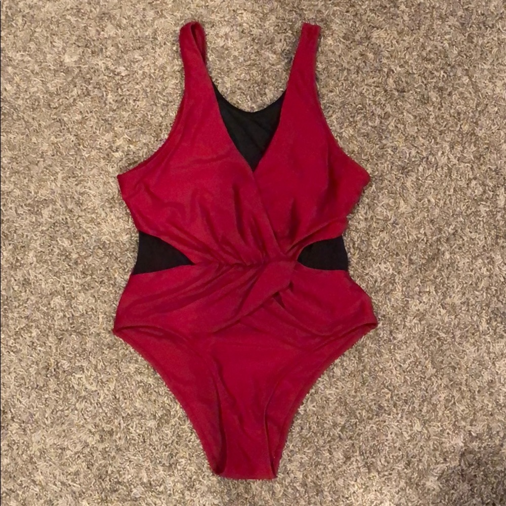 Red and black mesh detail cupshe one piece swim